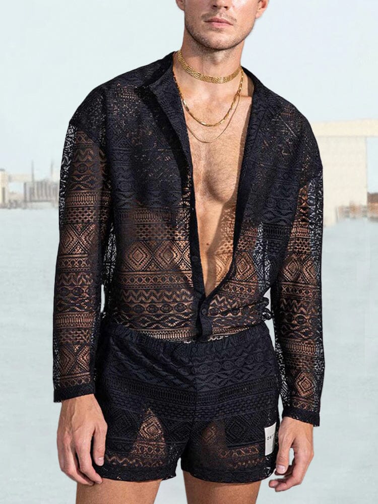 Lace Hollow Out Shirt Set